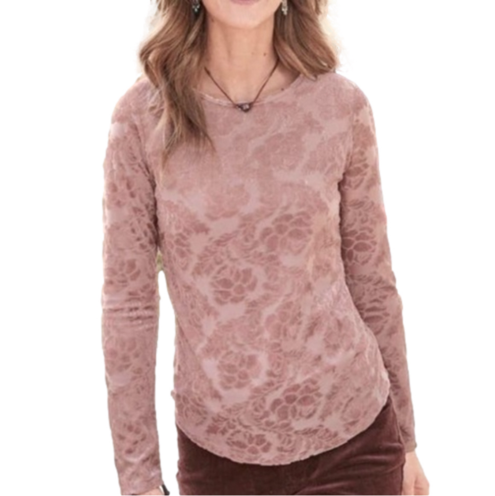 Sundance Pink Boho Delicate Senses Soft Velvet Floral Long Sleeve Top Large